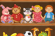 Wooden shelf with children's toys, an Animal Illustration by Adamskyistudio (Thumbnail 2 of 7)