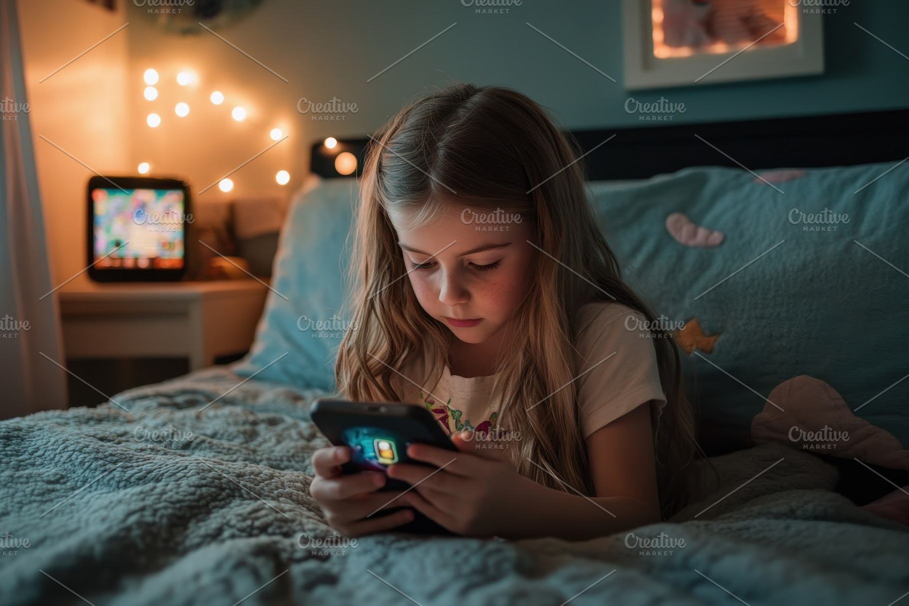 Kid enjoys playing on her smartphone, a Photo by Pavel_design