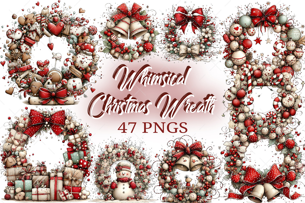 Whimsical Christmas Wreath Clipart, an Illustration by Craft Nest (Photo 1 of 11)
