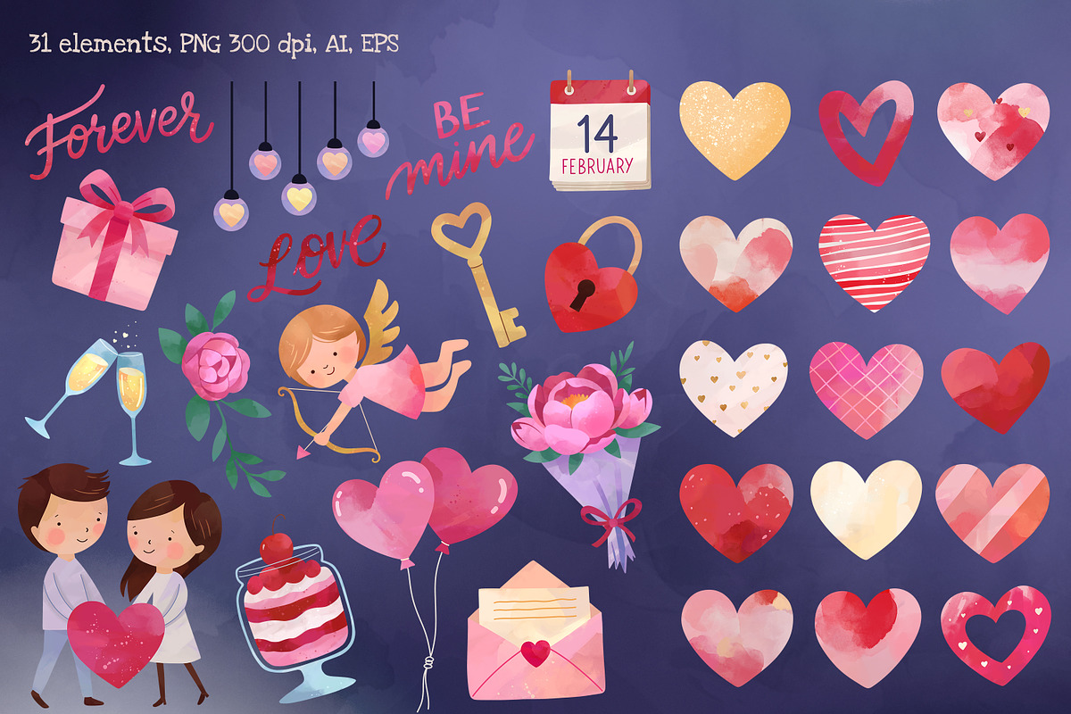 Valentine’s Day Watercolor Love Set, an Illustration by Hanna's ArtLab (Photo 3 of 7)