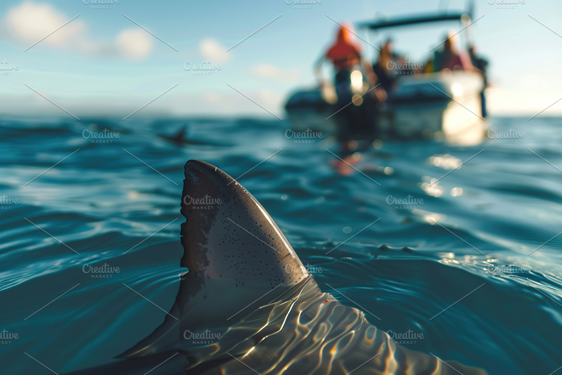 Big white shark fin against of boat with tourists background, an Animal Photo by AlyaAnd