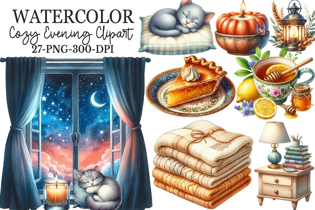 Watercolor Cozy Evening Clipart, an Illustration by Rose Art (Photo 1 of 7)