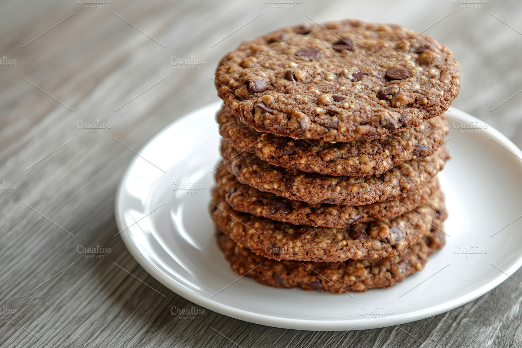 Chocolate chip cookies stacked on a white plate ready to be enjoyed, a Food & Drink Photo by AlyaAnd