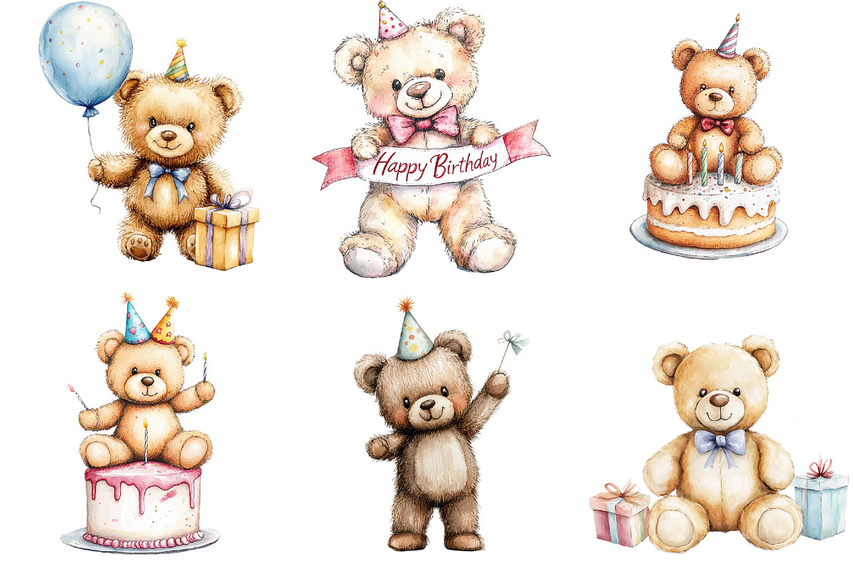 Watercolor Birthday Bears Clipart, an Illustration by Pixels.Craft (Photo 7 of 7)