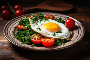 Fried eggs with vegetables and herbs in plate on wooden background, a Food & Drink Photo by AlyaAnd