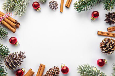 Christmas background with fir tree and decor. Top view with copy, a Holiday Photo by Olena Rudo