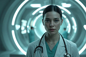 Standing doctor wearing scrubs, an Illustration by wavebreak