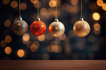 Christmas balls on a wooden table in, a Photo by Iftikhar Alam