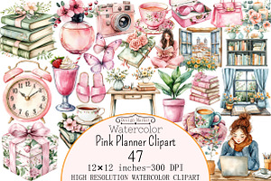 Watercolor Pink Planner Clipart