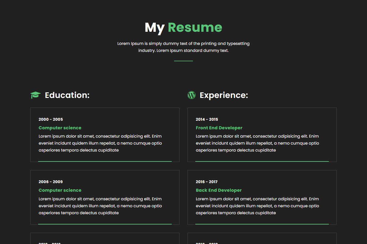 Minimal Dark UI Personal Resume Web, a HTML Template by Themeplaza (Photo 4 of 6)