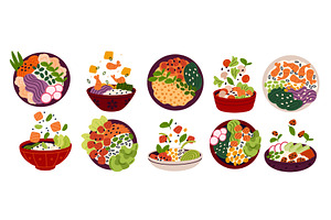 Poke bowls top and side views. Light, a Food Illustration by YummyBuum