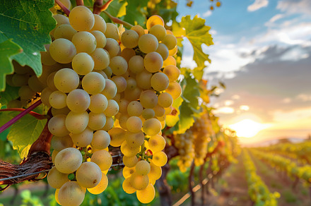 White grape bunches hanging in vineyard on sunset background, a Food & Drink Photo by AlyaAnd