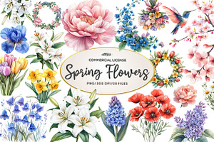 Watercolor Spring Flowers Clipart, an Illustration by CreationArt