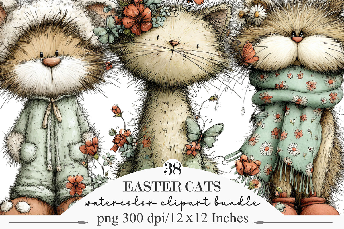 Whimsical Easter Cats Clipart, an Illustration by Designking (Photo 1 of 5)