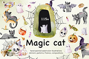 Magic Cat: Halloween PNG Clipart, an Object Graphic by Pattern + watercolor (Thumbnail 1 of 13)