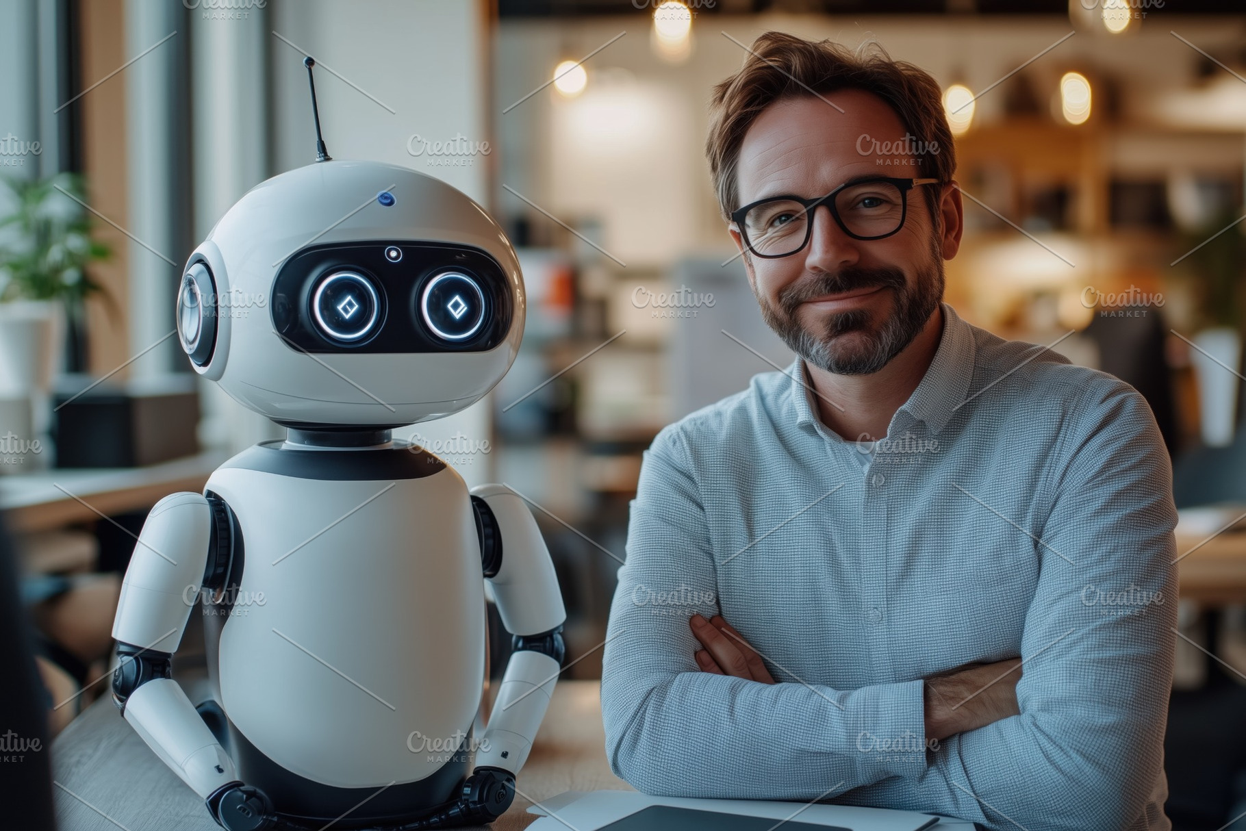 A smiling man PA Analyst (Robotic Process Automation Analyst) with glasses sits, a Person Photo by Textures & Backgrounds