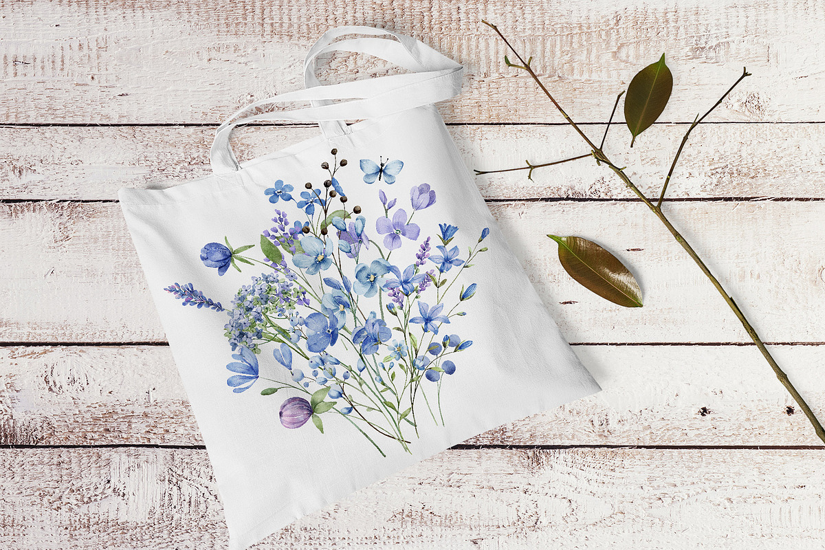 Blue flowers watercolor PNG clipart., a Decorative Illustration by Larisa Maslova (Photo 4 of 9)