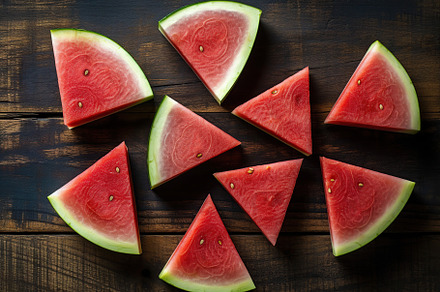 Sliced watermelon on wooden background. Generative AI, a Photo by AlyaAnd