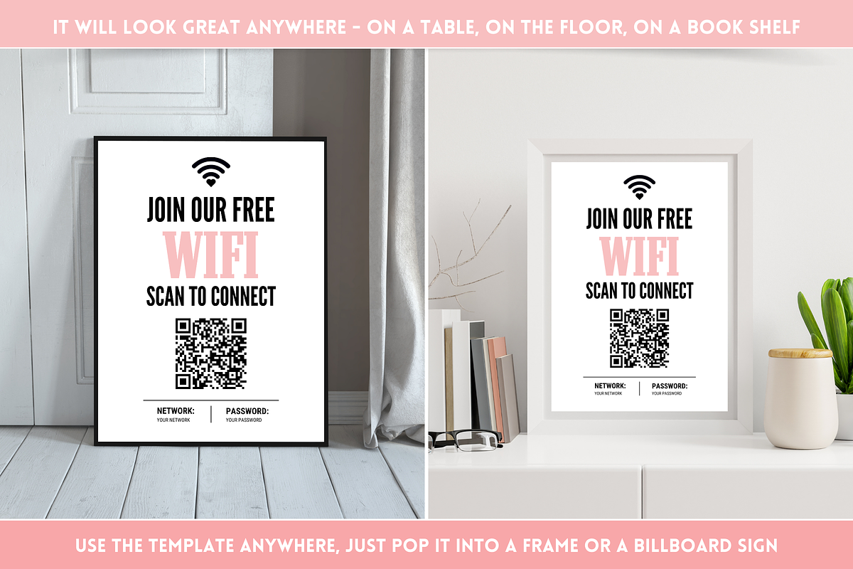 Pink & Black WiFi QR Code Sign, a Stationery Template by SunshineStudioBoutique (Photo 5 of 10)