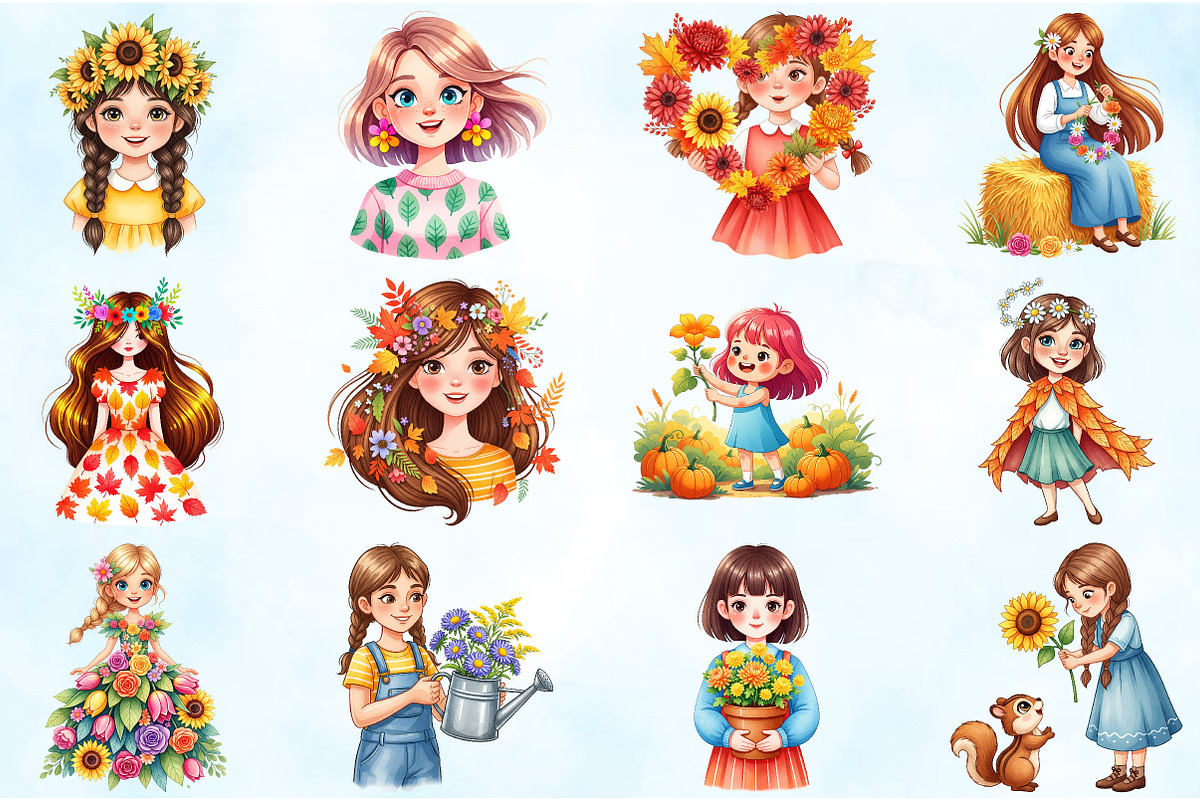 Girls with Fall Flowers Clipart, an Illustration by Craft Nest (Photo 3 of 6)