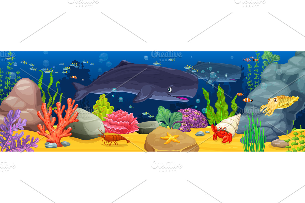 Cartoon sperm whale and corals, an Animal Illustration by Vector Tradition