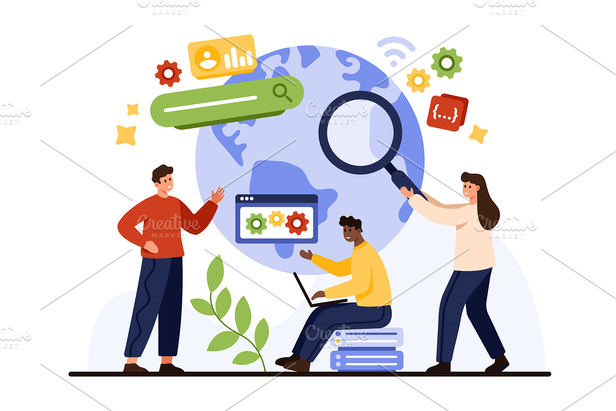 Teamwork Analyzing Search Engine, a Technology Illustration by Flashvector