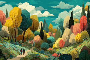 Couple walking autumn path colorful, a Photo by Pixeness Studio