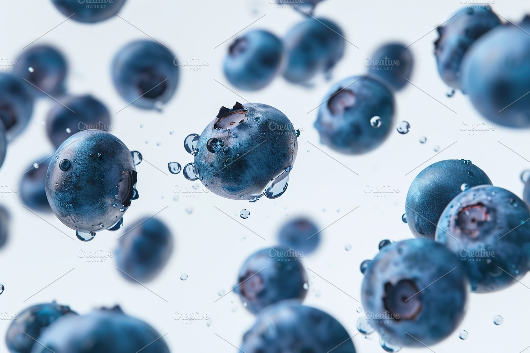 Ripe blueberries flying in the air on white background, a Food & Drink Photo by AlyaAnd