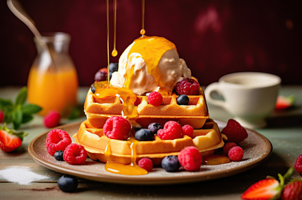 Illustrative of waffles, berries and ice cream on wooden table. Generative AI, a Food & Drink Photo by AlyaAnd