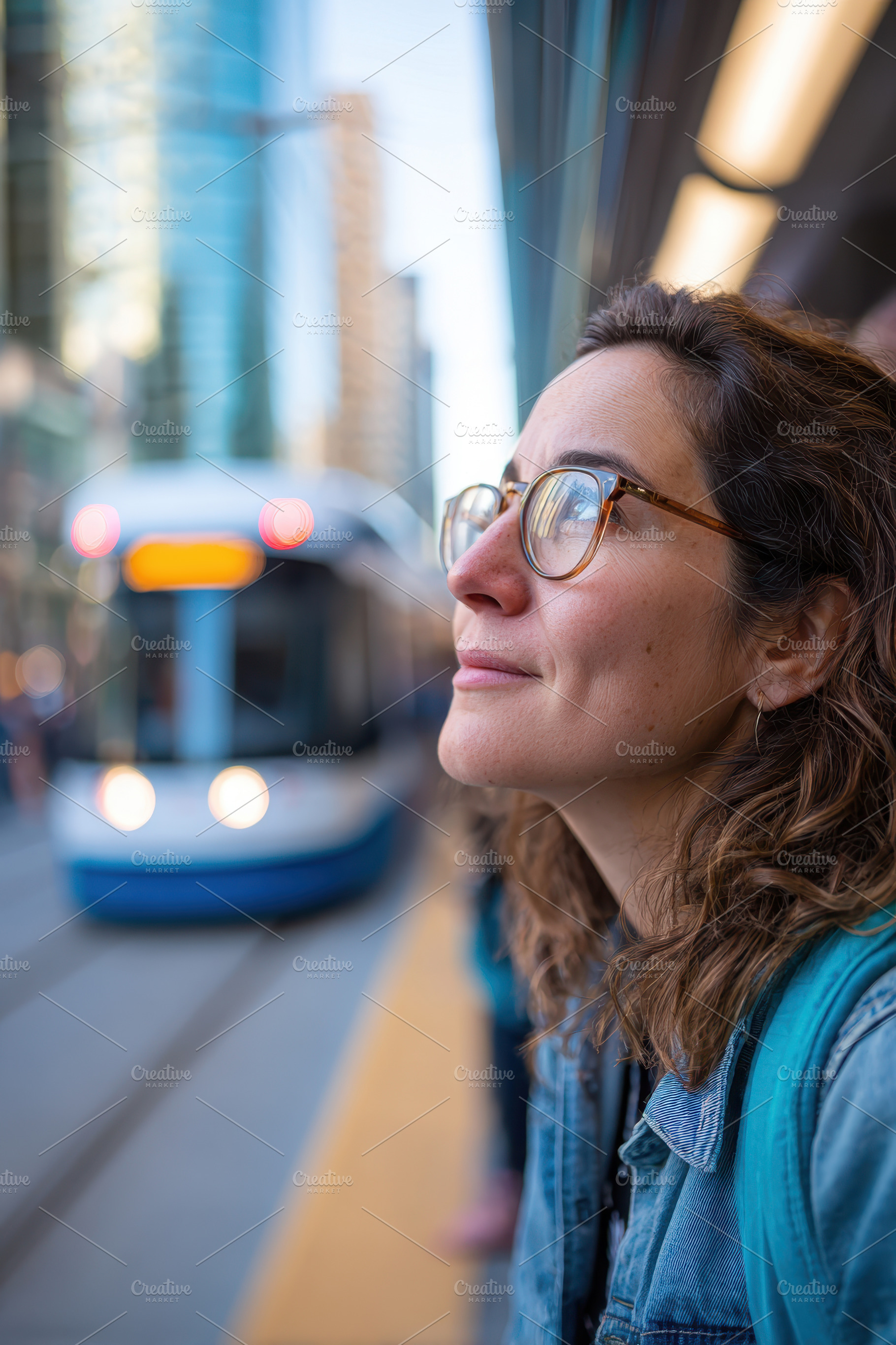 Thoughtful woman waiting at tram station in city, a Person Photo by AlyaAnd