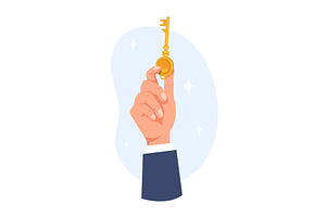 Hand holds golden key in fingers, a Finance Illustration by Vectorbuum