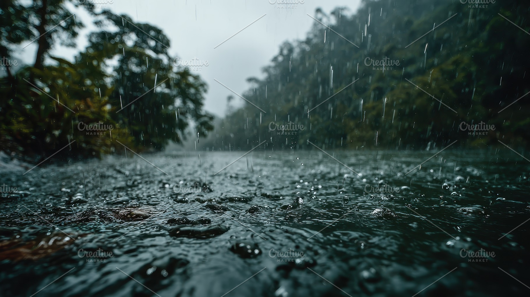Rain falling on a river in a lush fo, a Photo by Pixeness Studio