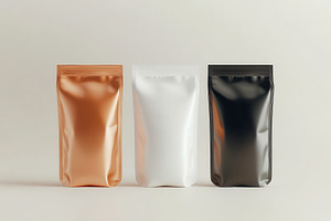 Three standing pouch bags in copper, a Photo by Pavel_design