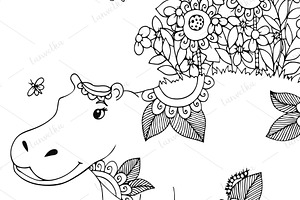 Doodle Hippopotamus And Flowers