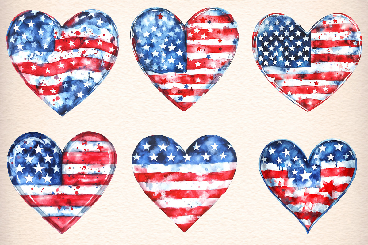 Watercolor Patriotic Hearts Clipart, an Illustration by Digital Artistic99 (Photo 4 of 9)