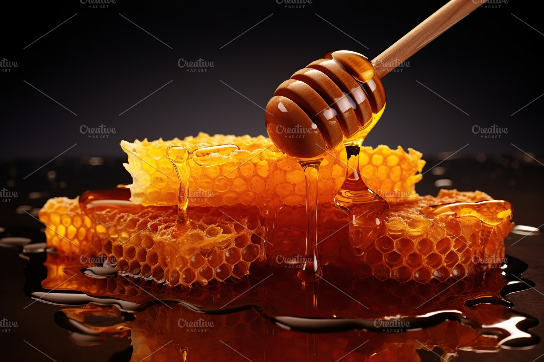 Honeycomb with honey and honey dipper on black background, a Food & Drink Photo by AlyaAnd