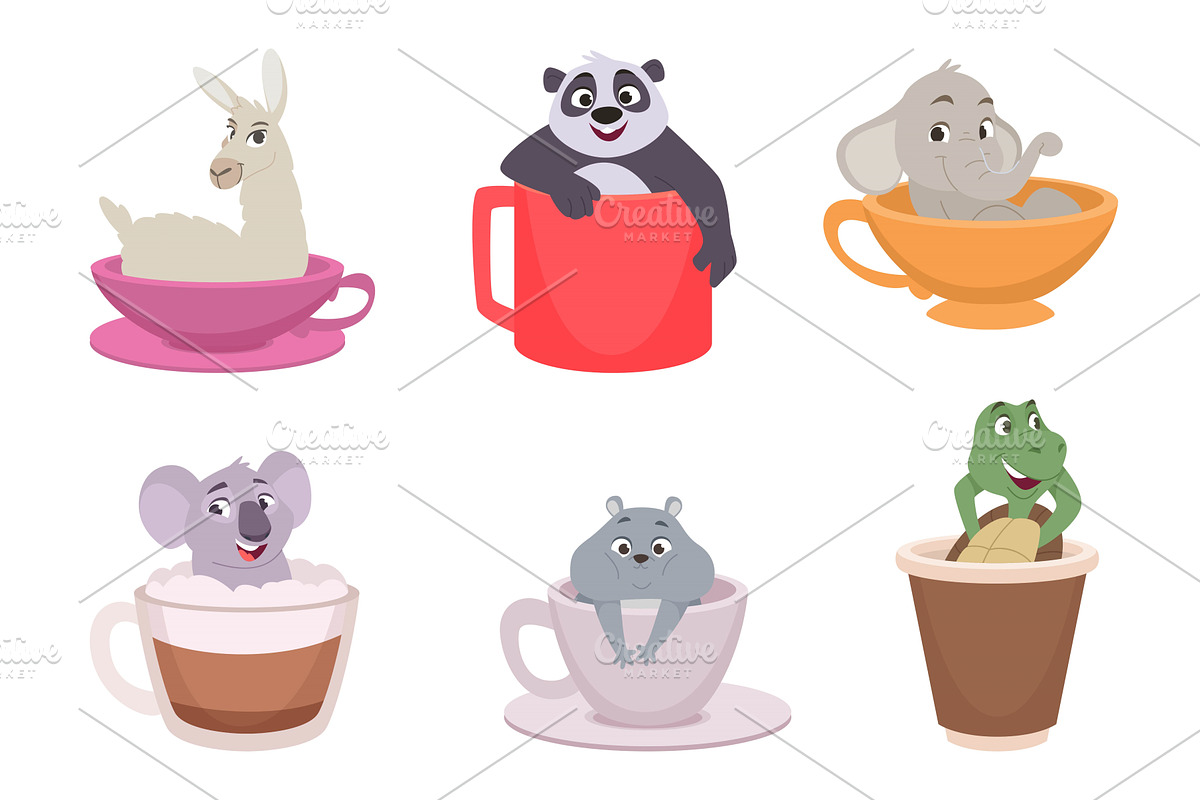 Animals in cups. Funny cartoon cute, an Animal Illustration by Onyx