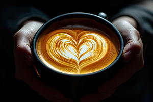 Cup of cappuccino with drawn heart, a Food & Drink Photo by AlyaAnd