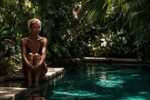 Woman sitting by a pool in nature, a Photo by Beautiful things