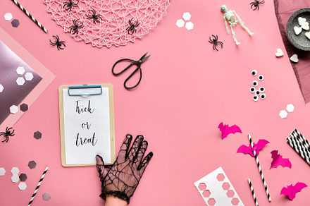Vibrant halloween flat lay stock photo containing halloween and pink, a Holiday Photo by tilialucida