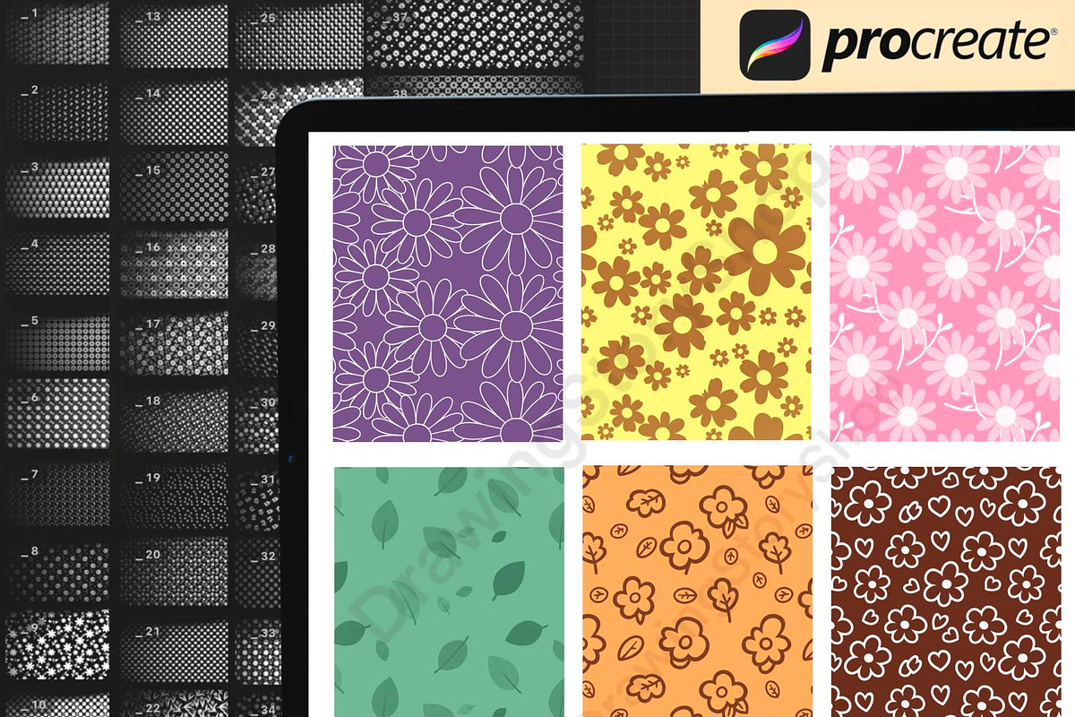 100 Flower Patterns Procreate brushe, a Brush Add-On by DrawingStoryShop