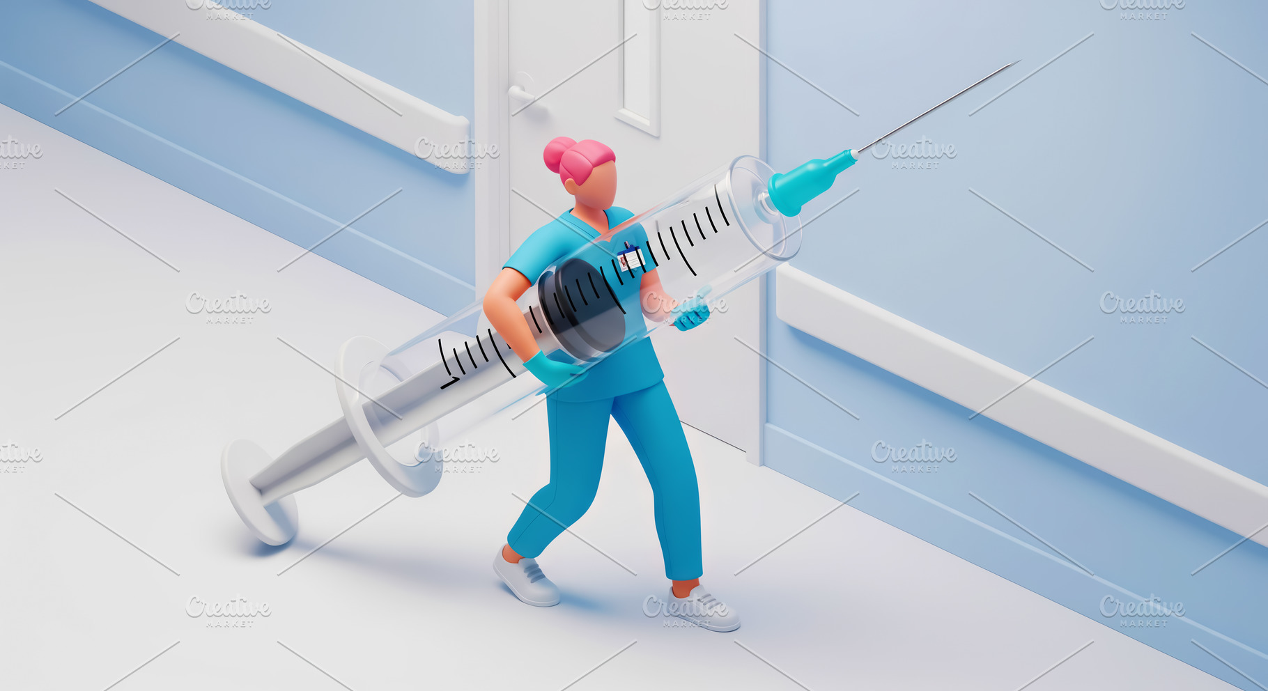 Nurse with a giant syringe walking, a Photo by angellodeco