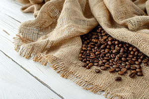 Sackcloth with heap of coffee beans on wooden table, a Food & Drink Photo by AlyaAnd