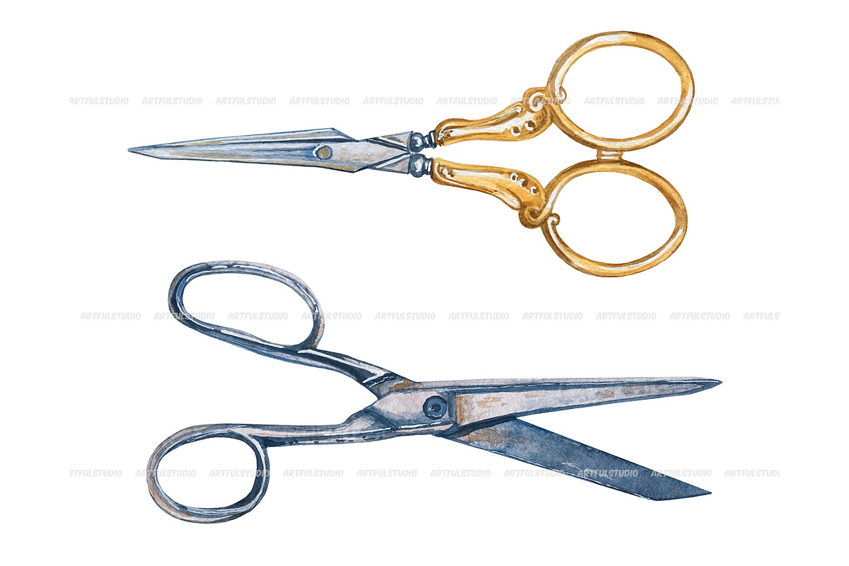 Watercolor vintage scissors clipart, an Object Illustration by ArtfulStudio (Photo 6 of 8)