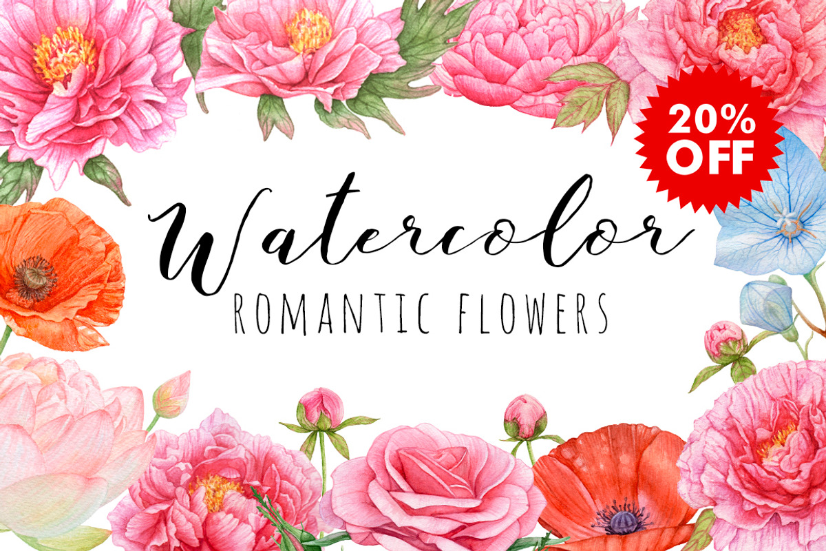 20%OFF! Watercolor Romantic Flowers, an Illustration by Katya Zlobina (Photo 1 of 6)