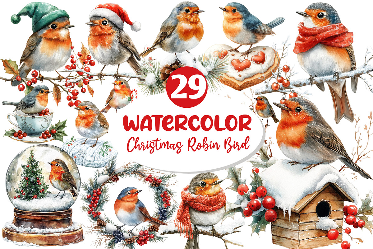 Christmas Robin Bird Clipart, an Illustration by Dream Creation (Photo 1 of 6)