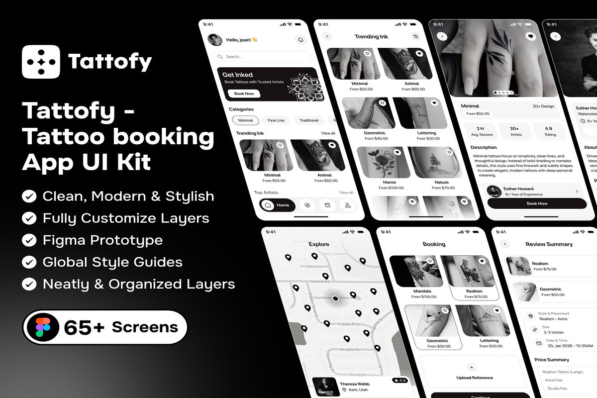 Tattofy - Tattoo booking App UI Kit, an UI Kit Template by Creative Perspective (Photo 1 of 8)