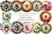 Bee with Flowers Round Stained Glass, an Illustration by DreamArtGraphic (Thumbnail 1 of 4)