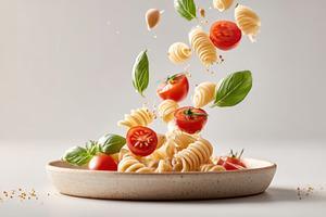 Dynamic pasta with tomatoes and basil flying in the air, a Food & Drink Photo by AlyaAnd