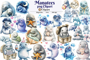 Cute Baby Watercolor Manatees png, an Illustration by Watercolor design